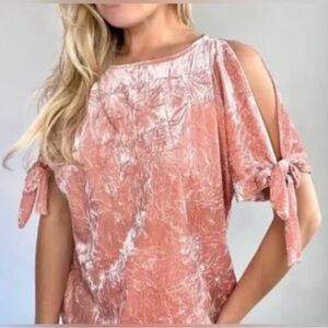 Maeve Anthropologie Crushed Velvet Cold Shoulder Tie Short Sleeve Top Pink Sz XS